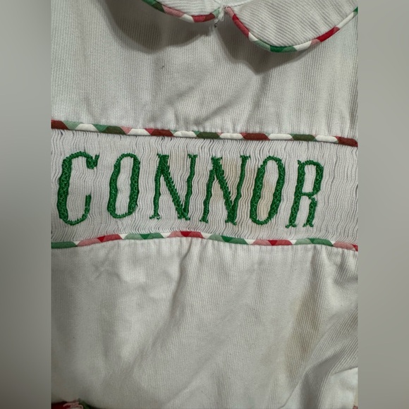 Smocked Round Collar Green & Red Gingham Shortall with Connor Monogram - Picture 5 of 8